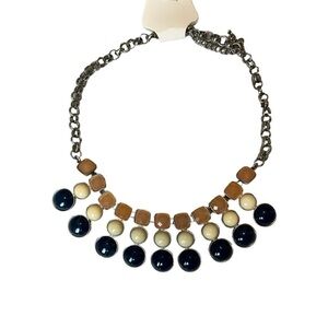 Statement Necklace w/ Faux Blue Taupe Cream Stone Silver Adjustable Chain NWOT